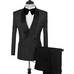 Brand New Mens Suits Black Pattern Groom Tuxedos Shawl Satin Lapel Groomsmen Wedding Best Man 2 Pieces ( Jacket+Pants+Tie ) L515