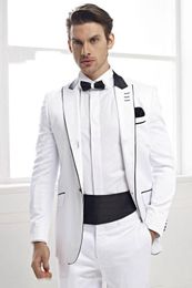 Best Design White 2 Piece Suit Men Wedding Tuxdos Excellent Groom Tuxedos Men Business Dinner Prom Blazer(Jacket+Pants+Tie+Girdle) 1285