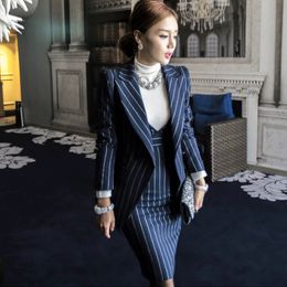 Work Striped Office Lady Dress Suits 2 Two Piece Sets Elegant Women Blazer Jacket + Fashion Sheath Dresses Femme