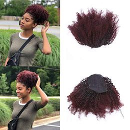Ombre kinky curly drawstring ponytail extension 1b/99j ombre ponytail top closure puff hairpiece clip in 120g afro kinky curly hairpiece