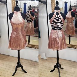 Sparkle Sequins Homecoming Dresses 2018 Rose Gold Hoco Prom Party Dance Dress Lace Up Back High Neck Real Pictures