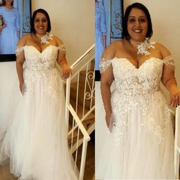 Plus Size Wedding Dresses Off Shoulder A-line Tulle Lace Appliqued Sexy Illusion See Through Big Women Cheap Summer Bridal Gowns