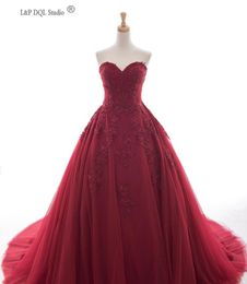 Dark Red Prom Dress Ball Gown Floral Applique with Beads Sequins Pleats Tulle Sweep Train Evening Dresses High Quality