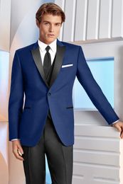 Classic Design One Button Navy Blue Groom Tuxedos Black Peak Lapel Groomsmen Mens Wedding Suits Excellent Man Suits(Jacket+Pants+Vest+Tie)86