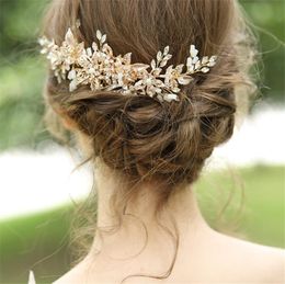 Wedding Bridal Gold Hair Comb Crystal Rhinestone Headpiece Flower Floral Crown Tiara Beads Headband Head Accessories Ornament Fashion Women Headdress Sparking