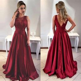 2020 Dark Red A Line Prom Dresses Sheer Neck Lace Appliques Satin Backless Sweep Train Special Occasion Formal Party Evening Gowns Vestidos