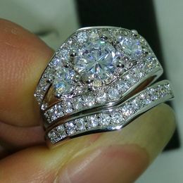 Three-stone Women ring set Diamonique Cz White gold filled Engagement wedding band ring for women men Size 5-10