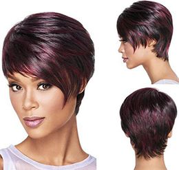 Zf Caliente Negro Y Americano Negro Teñido Peluca Color Borgoño Color Liso Pelo Corto Con Flequillo Oblicuo Para Mujer