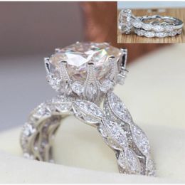 Vintage Women Round cut 3ct Diamonique Cz Rings Rose gold Filled & 925 Sterling silver Flower wedding Band ring set for women