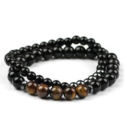2pcs Hematite Bracelets Natural Stone Tiger's eye 6/8mm beads Men Women Charms Bracelet&Bangle Fashion Lucky Jewelry