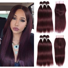 #99J Colored Human Hair Bundles with Closure Silky Straight #99J Dark Wine Red Color Brazilian Hair Weaves Pre-Colored Hair Extensions