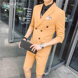 KUSON Latest Light Blue Men Suit with Short Pants 2018 Casual Mens Summer Work Wear Suits Short Sleeve Blazer 2Pcs(Jacket+Pants)