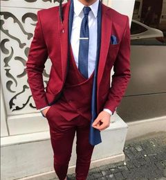 Brand New Red Men 3 Piece Suit Wedding Tuxedos Handsome Groom Tuxedos Slim Fit Fashion Men Business Prom Blazer(Jacket+Pants+Tie+Vest)603