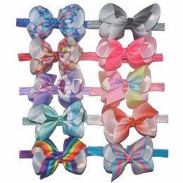 20pcs jojo 4inch Pastel flora ombre Rainbow ribbon hair bows with stretchy hair bands Dance cheer Elastic head bands hair Accessories FD291