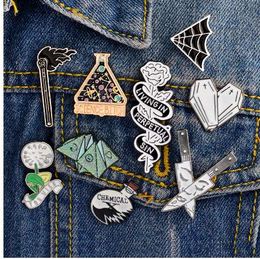 Enamel Pin Origami game Heart coffin Science chemical Cobweb Matches Rose Knife Brooch and Pin Cartoon Lapel Pin Button Badges