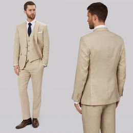 Classy Khaki Mens Suits Slim Fit Groomsmen Wedding Tuxedos Three Pieces Two Buttons Designer Blazers Formal Dress Suit (Jacket+Pants+Vest)