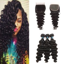 Top Selling Loose Deep Wave Hair 3 Bundles with Closure Brazilian Virgin Human Hair Weave Extensions With Free Part Lace Closure