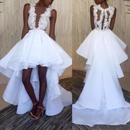 2019 New White High Low Evening Dresses Appliques Sheer Neck Ruched Draped Tiered Elegant Short Front Long Back African Party Gowns Formal