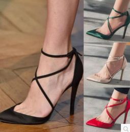 2018 women point toe pumps cross strap pumps thin heel soft silk high heels lady dress shoes wedding pumps