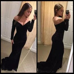 New Fashion Black Evening Dresses Off Shoulder Simple Long Sleeves Floor Length Mermaid Prom Dresses dress Formal Gowns