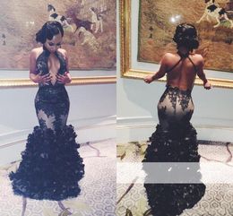 Sexy New Arrival Black Mermaid Prom Dresses Long Deep V Neck Lace Ruffles Floor Length Backless Formal Evening Party Wear Abendkleider