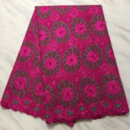 5 Yards/pc Hot sale fuchsia african cotton fabric green flower embroidery swiss voile lace for clothes BC16-9