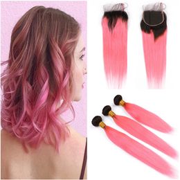 #1B/Pink Ombre Brazilian Human Hair Weave Bundles with Lace Closure 4x4 Straight Pastel Pink Ombre Virgin Hair Weft Extensions Dark Root