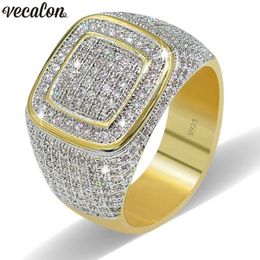 Vecalon Luxury Big Hiphop Rock rings for men Pave setting 274pcs 5A cz Stone Yellow Gold Filled 925 silver male Party ring