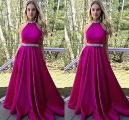 New Fuchsia Satin Evening Dresses Halter Beading Backless Floor Length Red Royal Blue Prom Dresses Long Graduation Homecoming Party Dresses