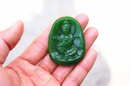 Free delivery - beautiful (outer Mongolia) emerald lotus leaf guanyin bodhisattva (amulet). Hand-carved necklace pendant.