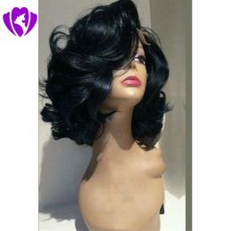 Body wave bob Cut Synthetic lace front Wigs With Bangs For Black Women Short Wavy Women's Hair Wigs Natural Heat Resistant Black Brown Color