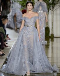 Zuhair Murad Mermaid Overskrit Prom Dresses Sequined Lace Evening Gowns Off The Shoulder vestidos de fiesta Appliqued Organza Formal Dress