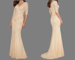 Free Shipping Elegant Fashion V-Neck Half Sleeve Beaded Mermaid Lace Long Mother Of The Bride Dresses HY1539