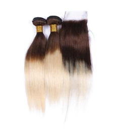 Straight #4/613 Two Tone Ombre Virgin Peruvian Hair Wefts with 4x4 Front Lace Closure Brown and Blonde Ombre Human Hair Weave Bundles