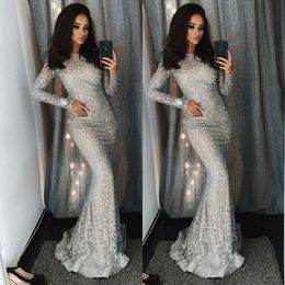 Luxury Silver Beading Mermaid Prom Dresses Sexy Long Sleeves Mermaid Celebrity Red Carpet Dress Glamorous Sequins Beaded Evening Gowns
