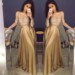 Beautiful Lace Long Sleeve Gold Two Piece Prom Dresses 2017 Satin Cheap Prom Gowns Sheer Golden Party Dress