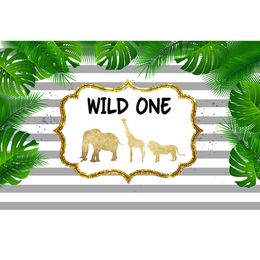 Wild One Birthday Party Backdrop Printed Stripes Green Leaves Elephant Giraffe Newborn Baby Shower Props Kids Photo Backgrounds