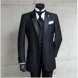 New Arrivals One Button Black Groom Tuxedos Groomsmen Peak Lapel Best Man Blazer Mens Wedding Suits (Jacket+Pants+Vest+Tie) H:825
