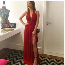 Halter Red Prom Party Dress with Slit Deep V Neck Chiffon Evening Dress Sex Party Dresses