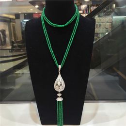 Hot sell new natural green jade micro inlay zircon big water drop pendant tassel necklace long sweater chain fashion jewelry