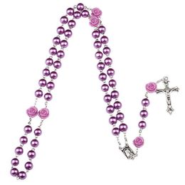 Purple black pink Rosary Beads Catholic Rosary Necklace For Girls Women Glass Father Bead Crucifix Pendant Rose halloween drop ship