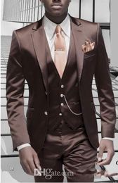 New Design Slim Fit Shiny Brown Groom Tuxedos Groomsman Men Formal Business Suits Men Prom Dinner Suits Custom Made(Jacket+Pants+Tie+Vest)