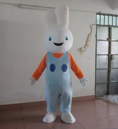 2018 Discount factory sale white bunny mascot costume with orange shirt and blue suspender pants for sale