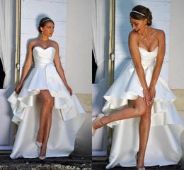 Setwell Hi-Lo Short Wedding Dresses Strapless A-line Simple Satin Beach Bridal Gowns Outdoor Wedding Dress Custom Made