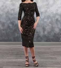 Sexy Black Lace Cocktail Dresses off shoulder three quarter sleeves tea length lace party dresses with shining sequins