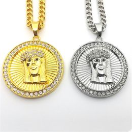 New Mens Iced Out Medallion Style Jesus Christ Head Disc Charm Pendant men Hip Hop Necklace