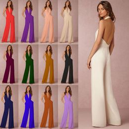 13 Colour Women summer Solid Colour Jumpsuits Ladies Clubwear V Neck Summer Long Jumpsuit Bodycon Party Jumpsuit EEA156 10PCS