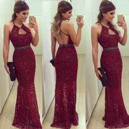 Sexy Evening Dresses Halter Sleeveless Cut Out Chest Backless Vintage Lace Prom Party Gowns See Through Skirt Formal Wear Floor Length