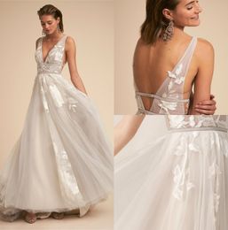 BHLDN Charming A Line Boho Wedding Dresses V Neck Lace Appliques Backless Custom Made Tulle Cheap Country Ivory Bridal Gowns