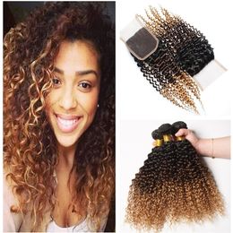 1B/4/27 Three Tone Human Hair Weave With Lace Closure Kinky Curly Hair Bundles With 4*4 Lace Closure Honey Blonde Afro Hair